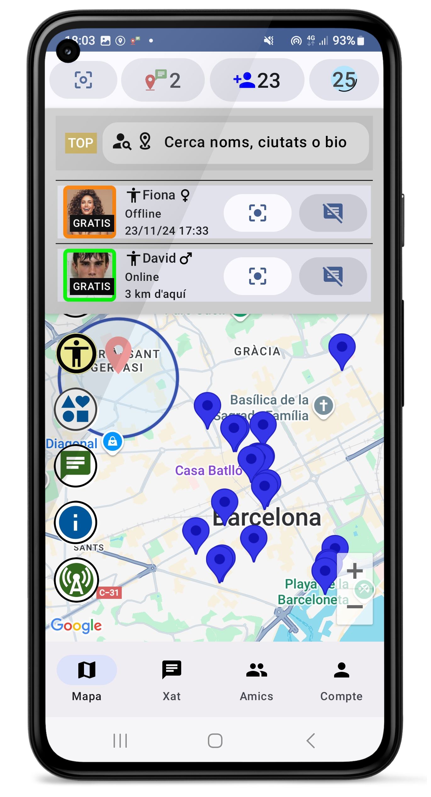 Mapa i menú superior amb usuaris propers