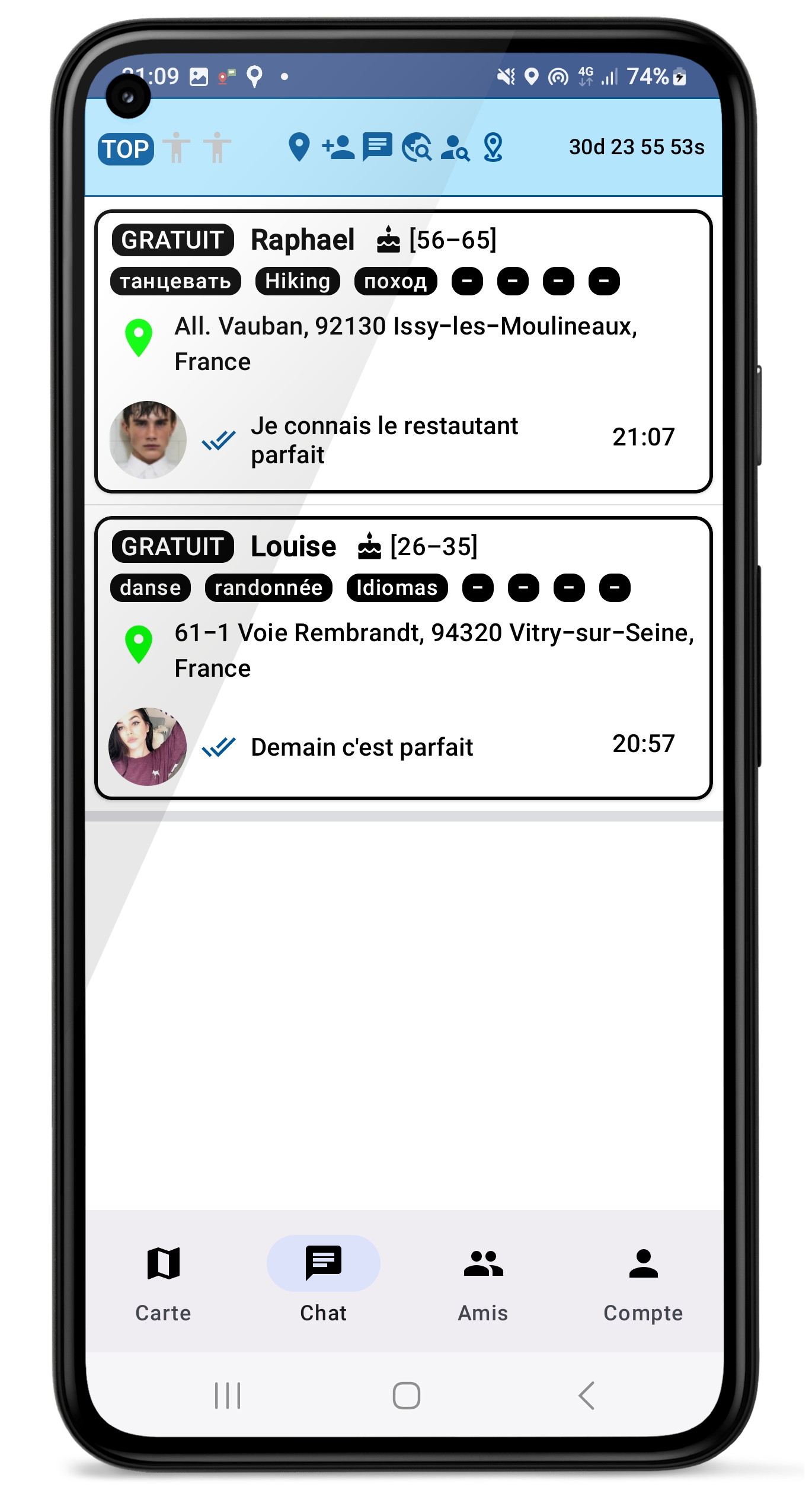Liste de discussions avec intérêts individuels